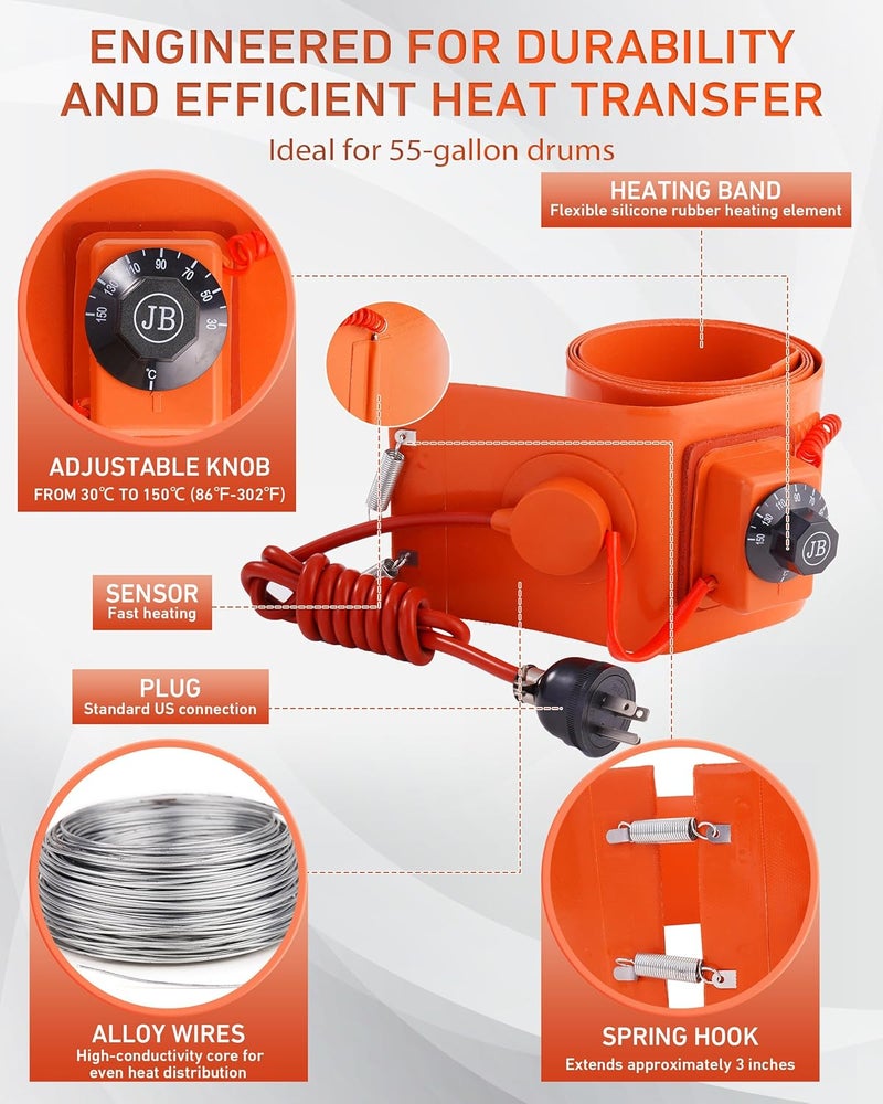 Fatio 55 Gallon Drum Heater, 110V 1000W Insulated Band Heater for 55 Gal Barrel, 70in*5in Bucket Warmer with Temperature Controller(86℉-302℉）, Silicone Rubber - Image 4